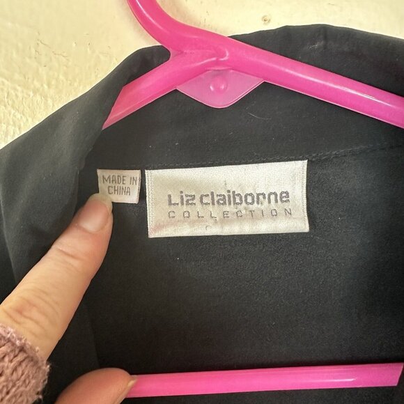 Vintage Liz Claiborne Womens Black Silk 1990s Gold Button Blazer Jacket Medium - Picture 2 of 8